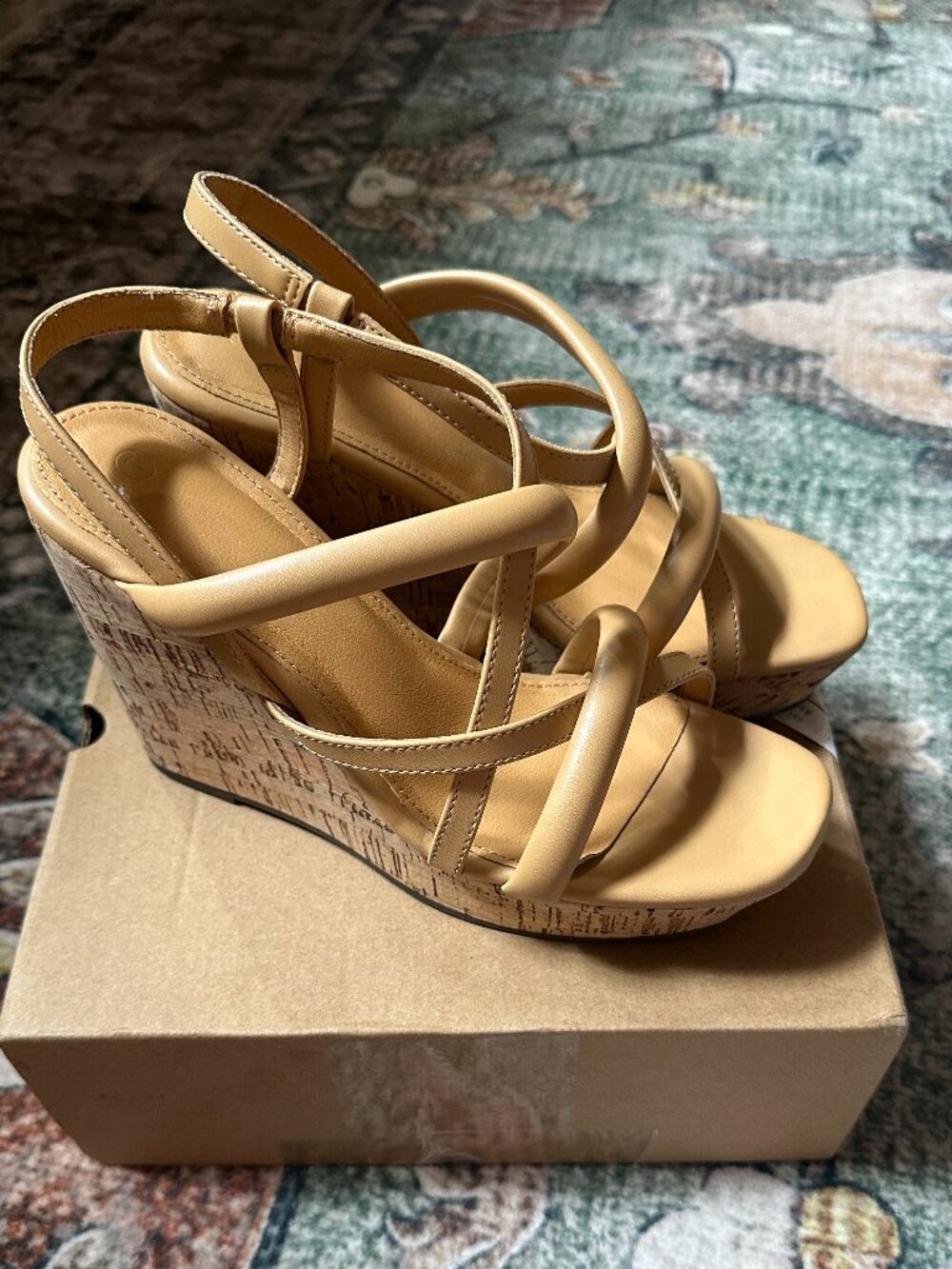 NIB Tan Strappy Padded Cork Wedges | Summer Boho-Glam Sandals